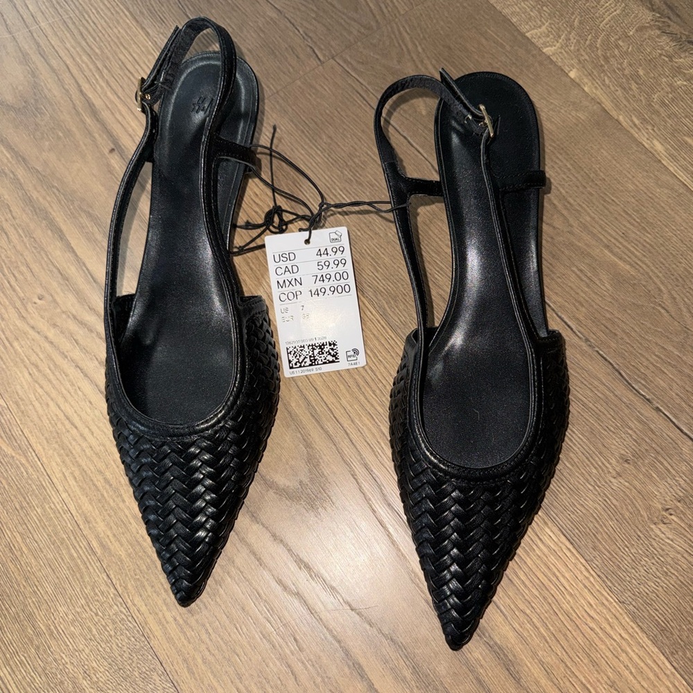 H&M Black Woven Pointed Slingback Mules